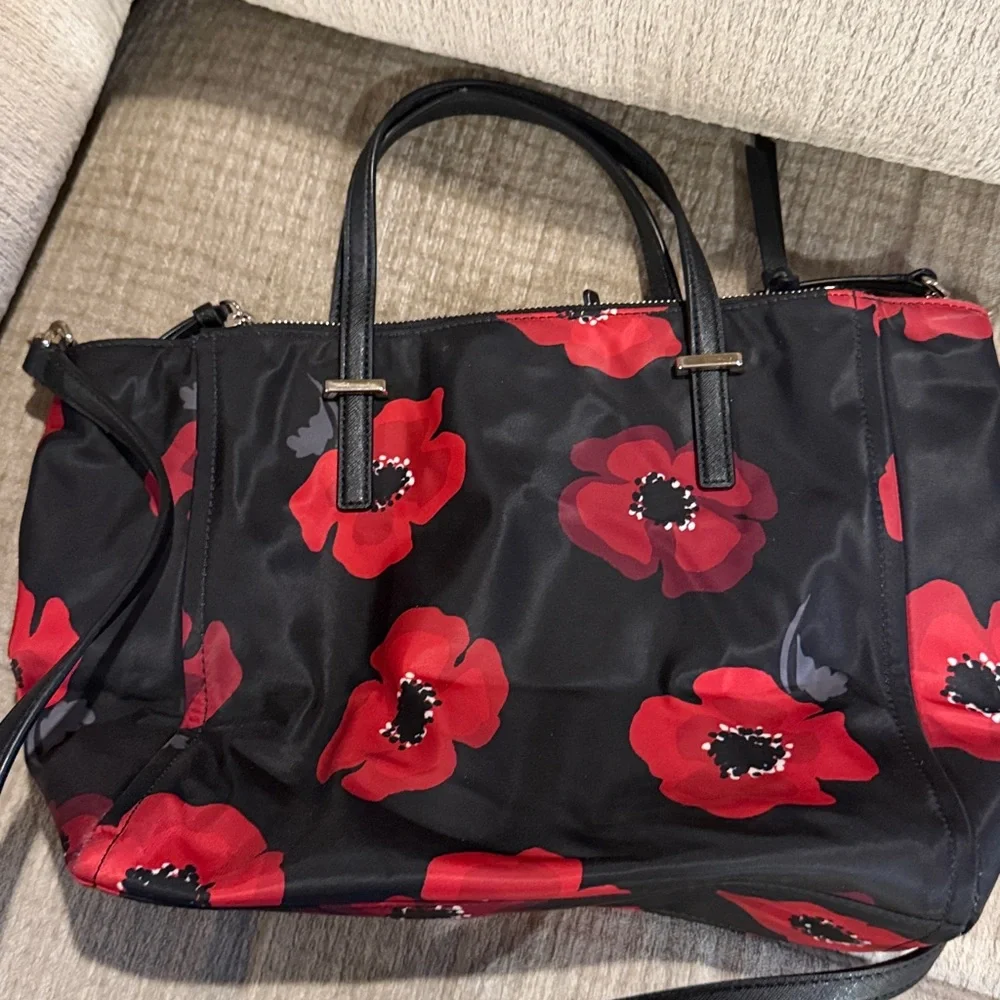 Kate Spade Black and Red Wilson Floral Alyse nylon satchel, and Red poppy print